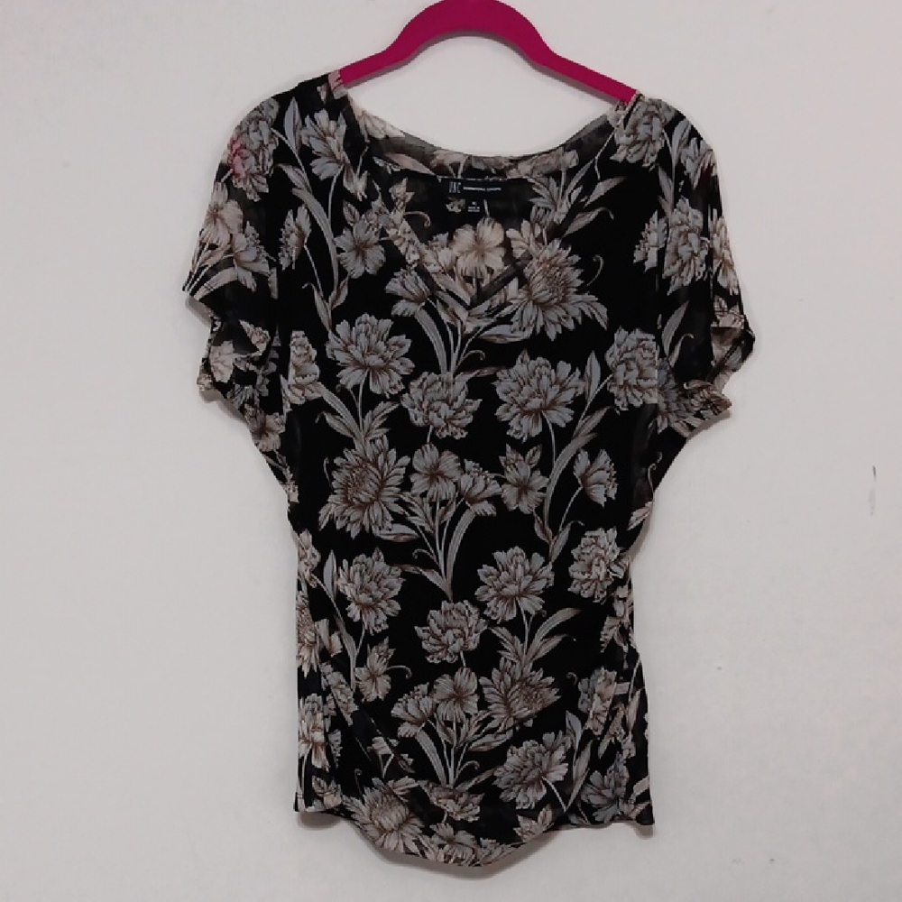 INC International Concepts Black Floral V-Neck Short Sleeve Top 24-25" Ptp